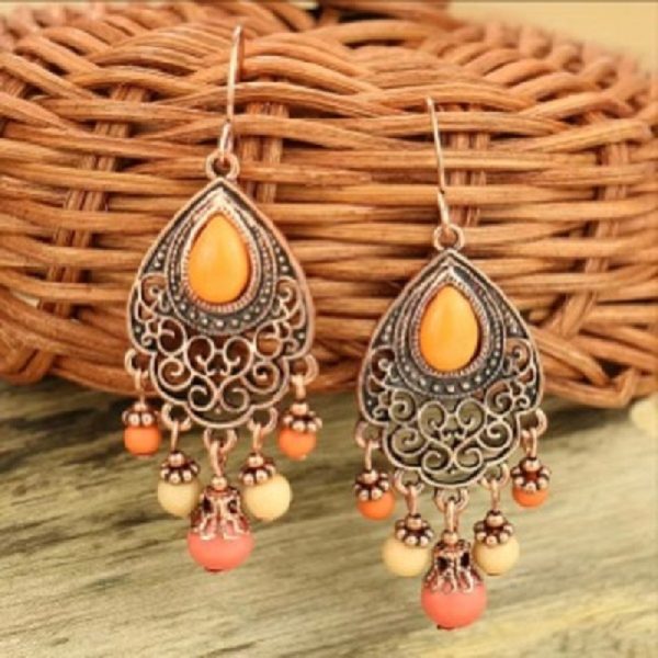 1 pair vintage guipure geometric cut out charm pine stone beaded tassel earrings.